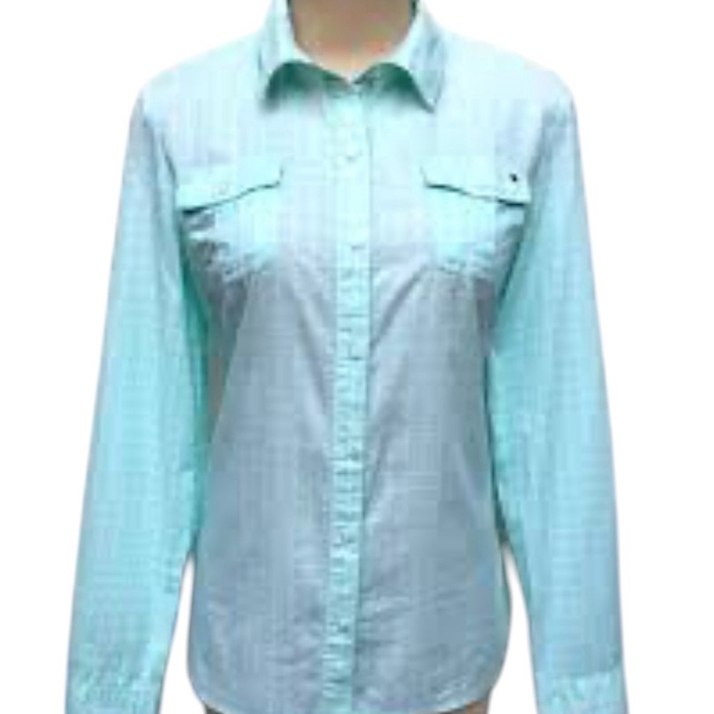 Tommy Hilfiger Light Blue Green Gingham Button-Up Shirt Blouse Size Large.Gop